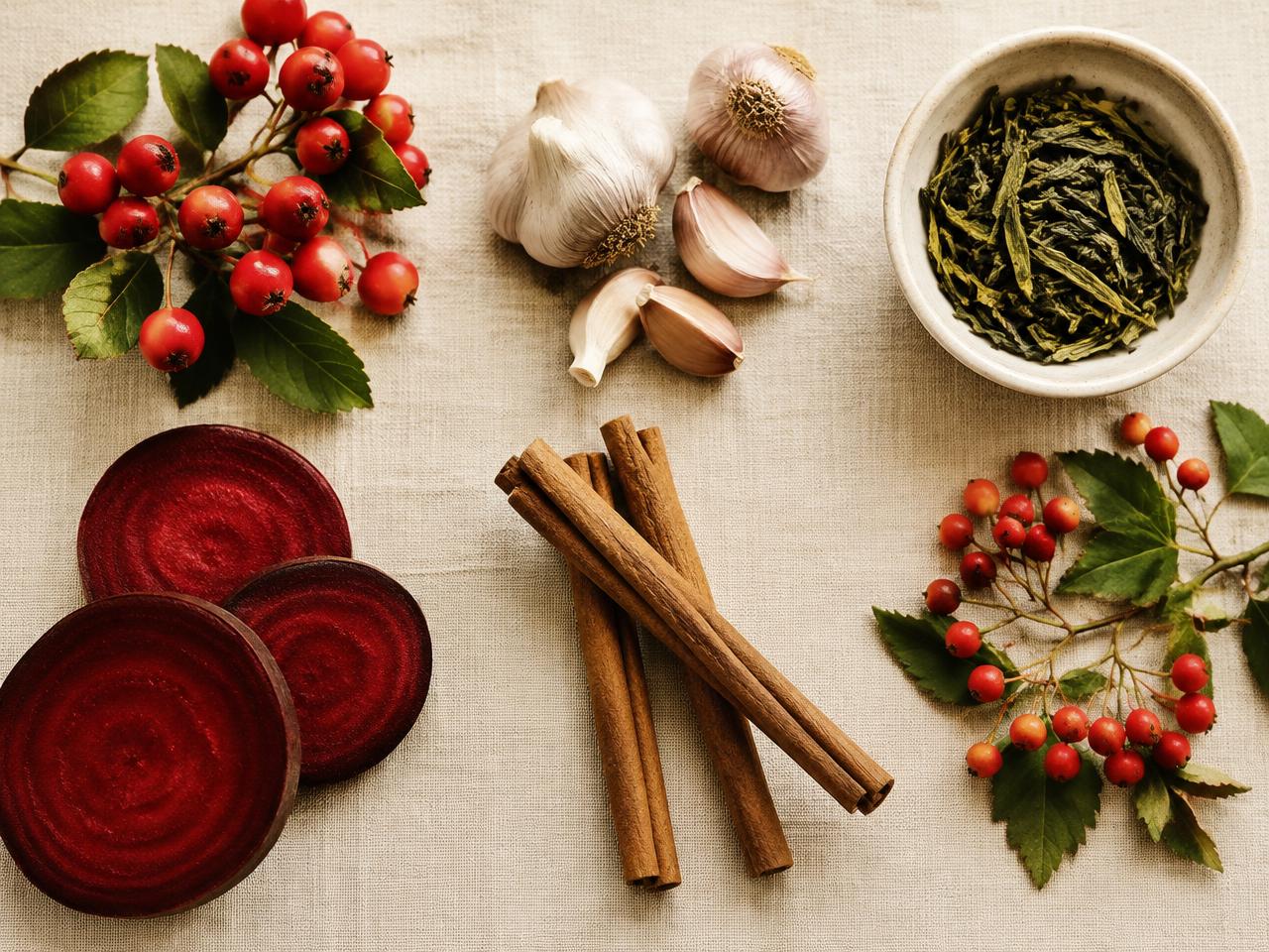 Hawthorn berries, garlic, green tea, beetroot and cinnamon arranged on linen
